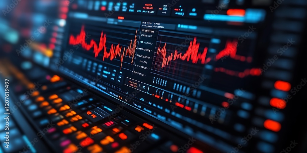 Red stock market graph on screen