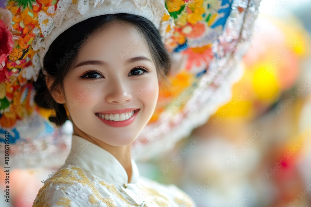 Beautiful vietnamese woman smiling and wearing traditional non la hat Beautiful vietnamese woman smiling and wearing traditional non la hat