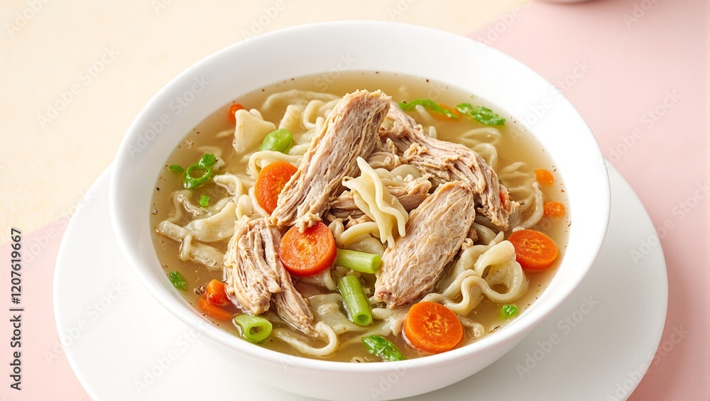 Delicious homemade chicken noodle soup in white bowl on pastel background Delicious homemade chicken noodle soup in white bowl on pastel background