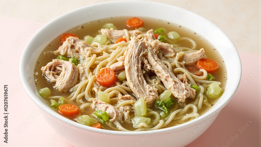 Delicious homemade chicken noodle soup in white bowl on pastel background Delicious homemade chicken noodle soup in white bowl on pastel background