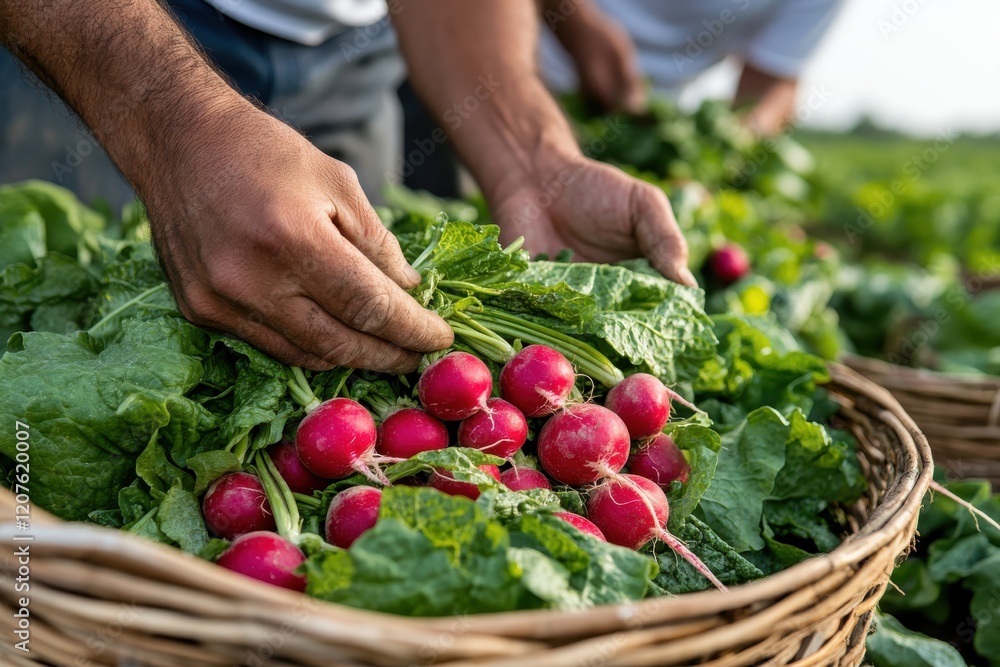 Fototapeta premium A farmer's hands skillfully gather fresh radishes, showcasing the beauty of agriculture and the connection to nature in a bountiful field under a bright sky.
