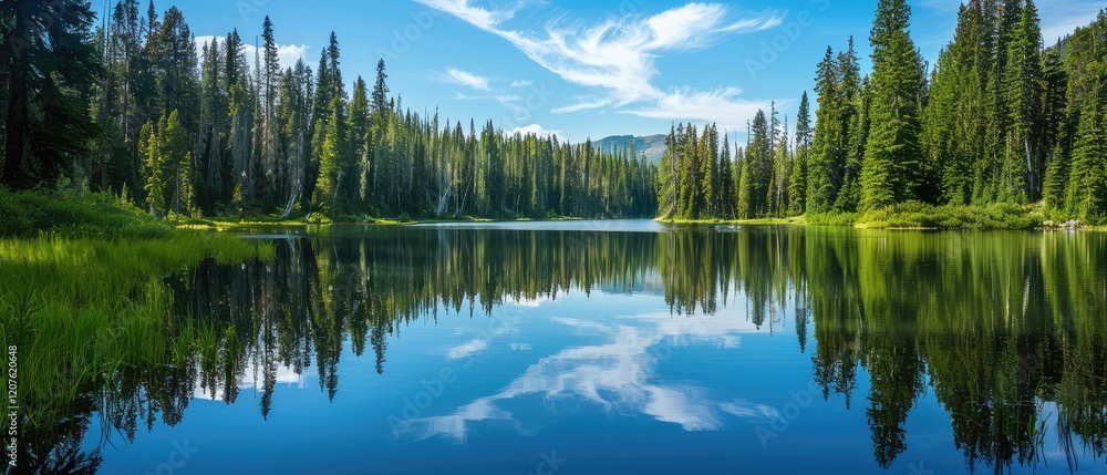 A view of trees and mountains reflecting in the water. A view of trees and mountains reflecting in the water.