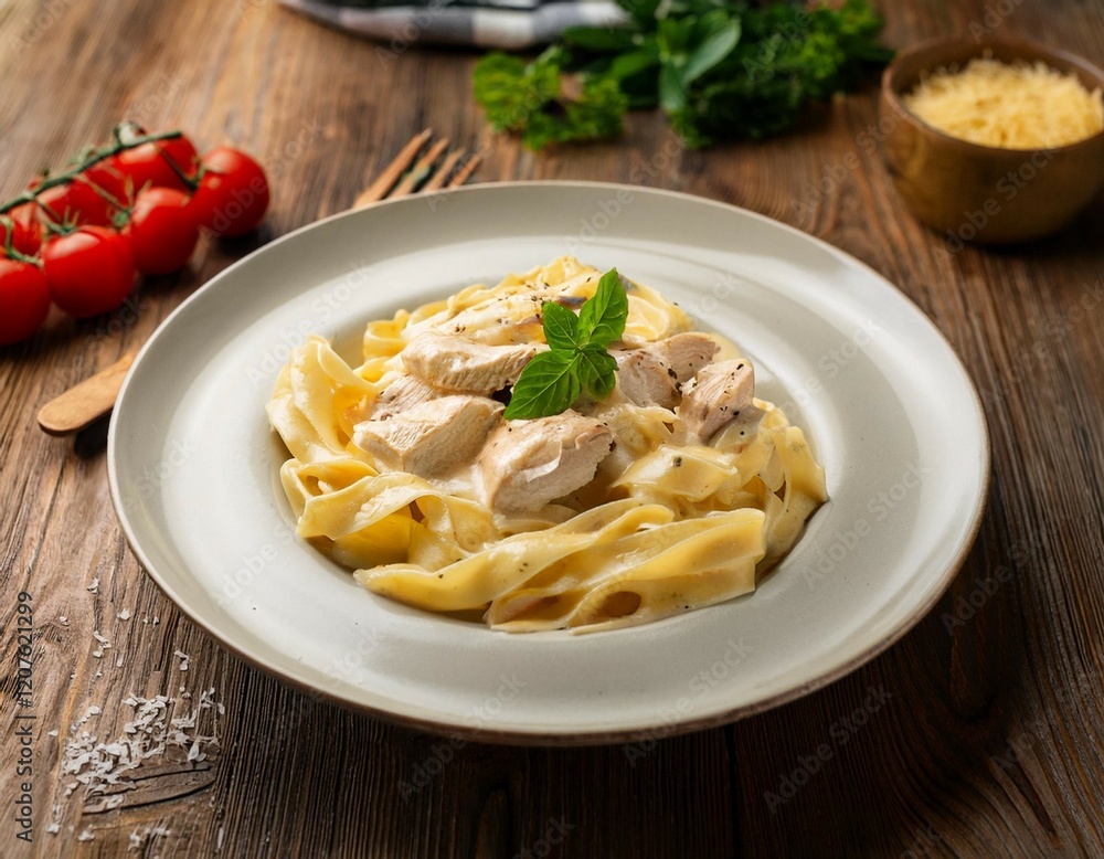 delicious chicken fettucine alfredo served on a rustic wooden table cooked creamy pasta italian cuisine delicious chicken fettucine alfredo served on a rustic wooden table cooked creamy pasta italian cuisine