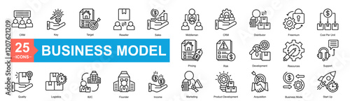 Business Model Icon Sheet CRM, Quality, Pricing, Key, Target, Reseller, Sales, Middleman, CRM, Distributor, Freemium, Cost Per Unit, Logistics, B2C