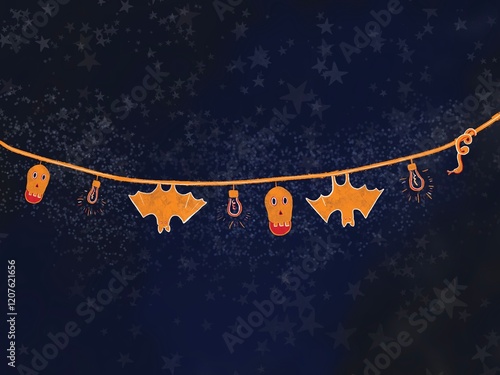 A Halloween garland featuring skulls, bats, lightbulbs, and a snake, set against a nighttime background. 