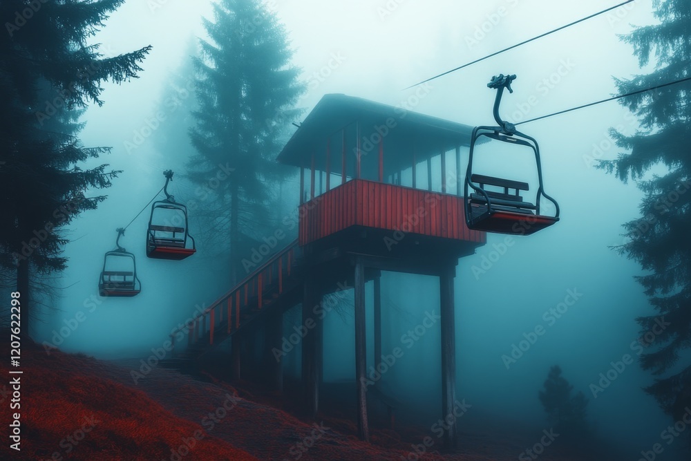 Fototapeta premium A thrilling zip line ride through a foggy forest, with the mist creating an ethereal and mysterious atmosphere