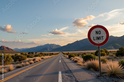 Scenic Desert Highway with No Limit Sign Open Road Mountain Landscape