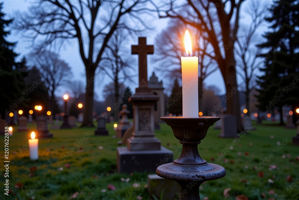 Illuminated Candle on a Gravestone in a Twilight Cemetery Illuminated Candle on a Gravestone in a Twilight Cemetery