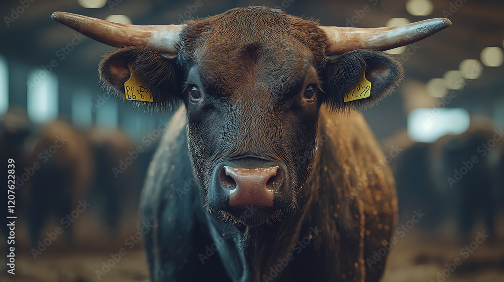 Naklejka premium Muscular Angus bull standing confidently in a barn, showcasing strength and vitality in a serene farming environment