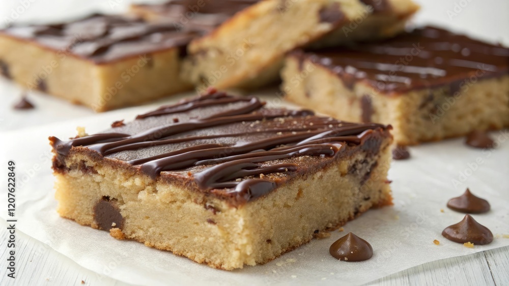 Close-up shot of a blondie slice cut into pieces with a drizzle of chocolate ganache on top, blondie, snacks, indulgent, pastries Close-up shot of a blondie slice cut into pieces with a drizzle of chocolate ganache on top, blondie, snacks, indulgent, pastries