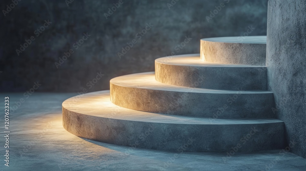 Illuminated concrete steps in a dimly lit environment.