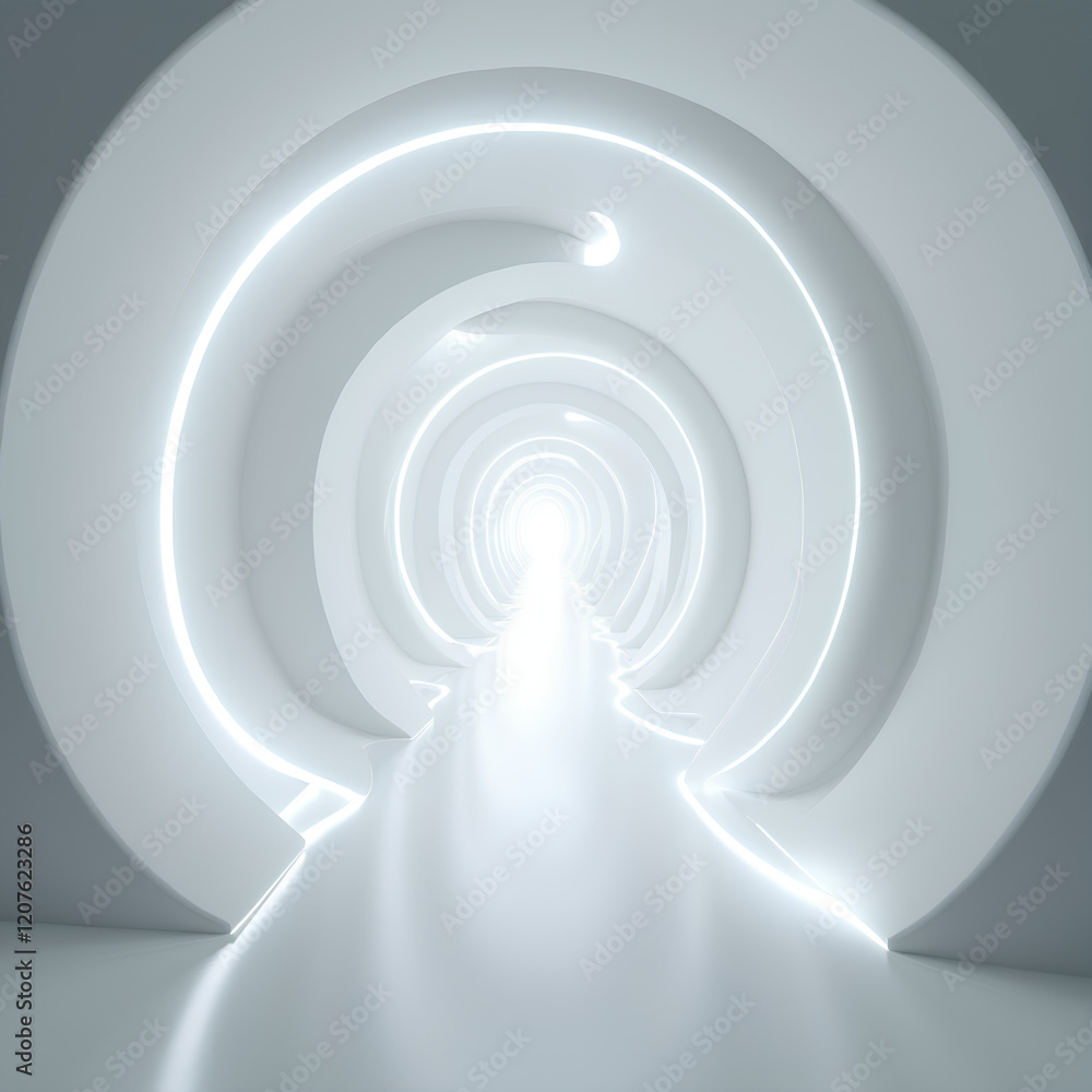 Fototapeta premium Couloir Futuriste Blanc avec Lumière Brillante au Loin Un corridor lumineux et moderne avec un éclairage éclatant au fond, créant une ambiance futuriste.