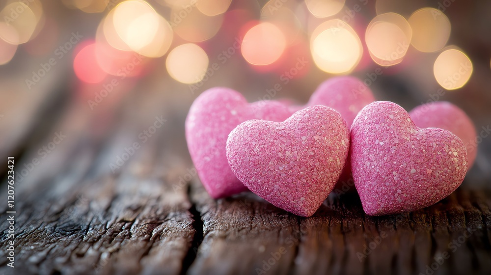 Fototapeta premium Pink Glitter Hearts Rest on Rustic Wood, Sparkling Bokeh Background, Romantic Valentine's Day Decor