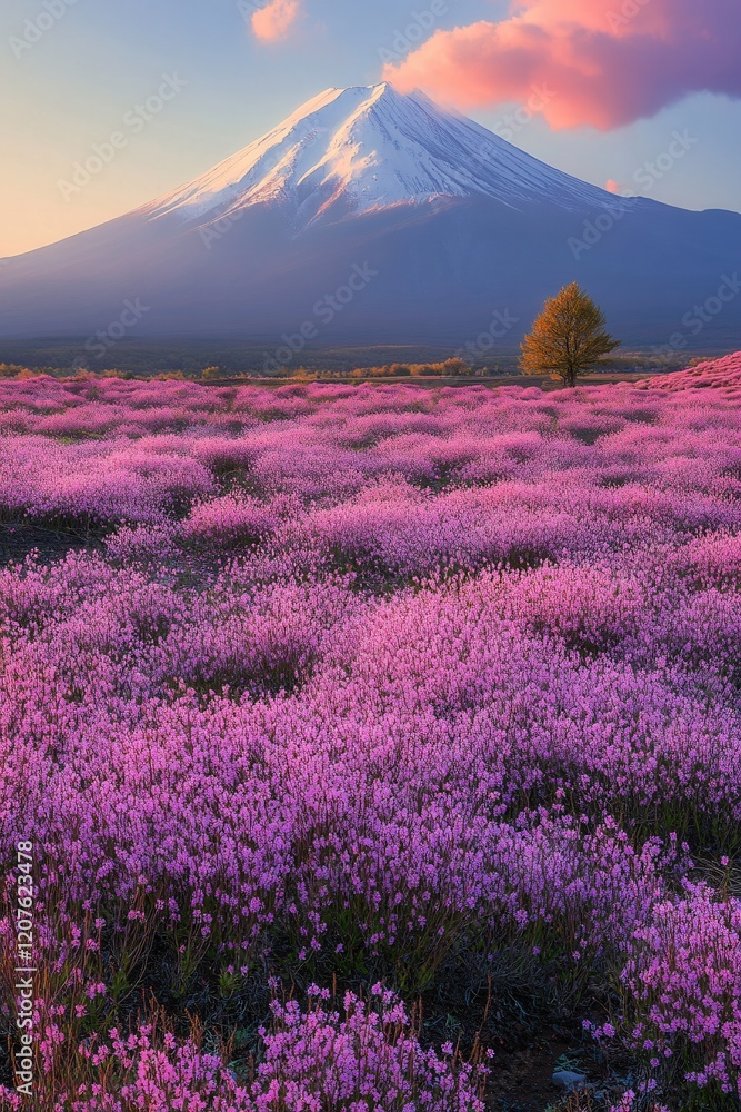 Naklejka premium Majestic Mount Fuji Sunrise Over Vibrant Pink Flower Field