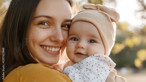 A heartwarming portrait of a mother and her baby, filled with love and affection.  A beautiful moment captured in time.  A tender embrace, showcasing the joy of motherhood. photo