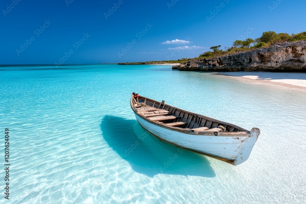 A traditional dhow boat anchored near Zanzibar Blue Lagoon, with the turquoise water glowing in the sunlight A traditional dhow boat anchored near Zanzibar Blue Lagoon, with the turquoise water glowing in the sunlight