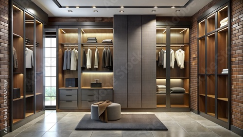 Design of modern luxury wardrobe walk in closet with brick grey and brown wall