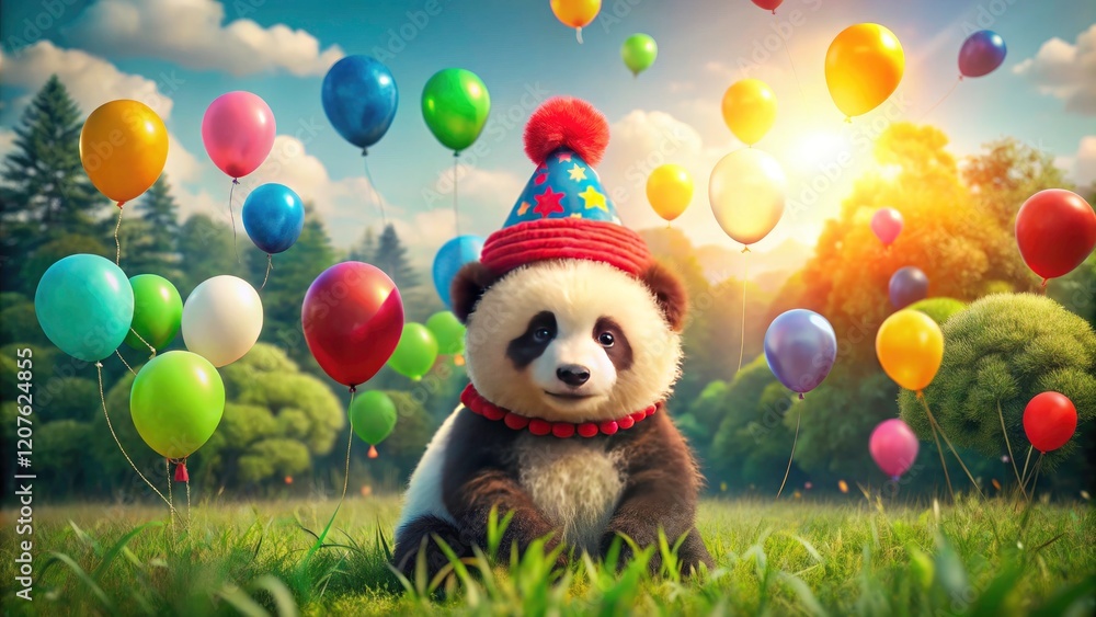 Obraz premium Drone captures adorable birthday panda: tiny bear in a red hat, festive balloons floating nearby.