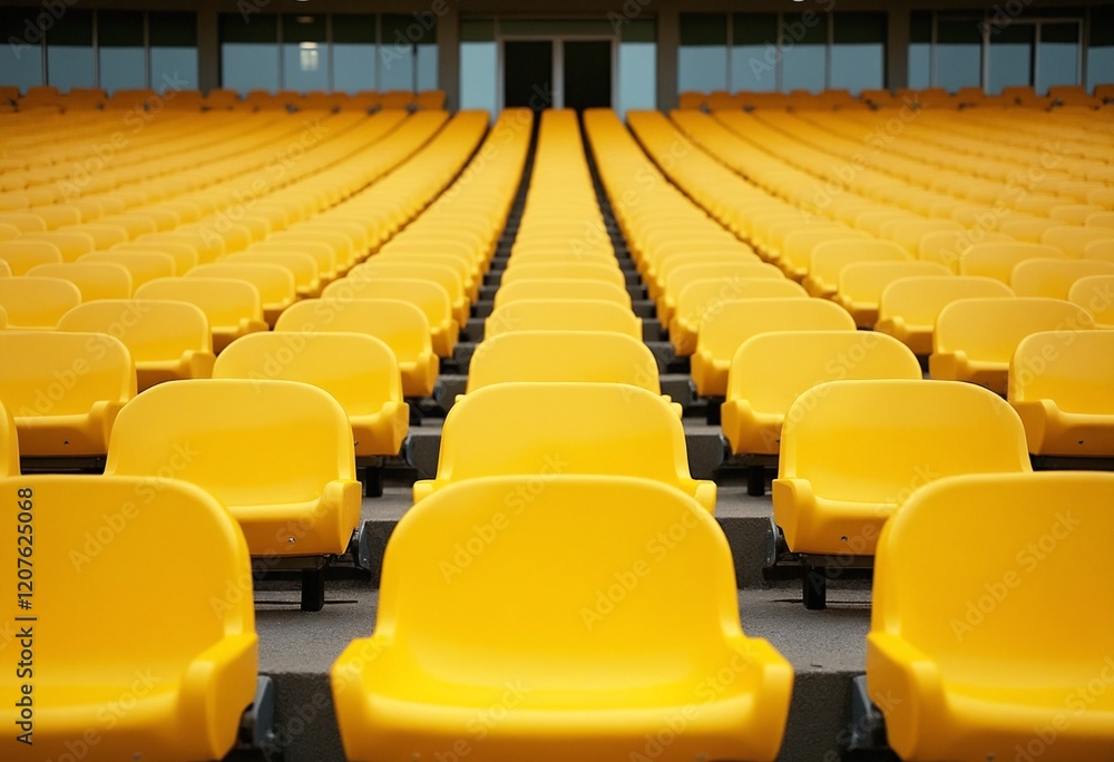 Fototapeta premium Yellow tribunes. seats of tribune on sport stadium. empty outdoor arena. concept of fans. chairs for audience. cultural environment concept. color and symmetry. empty seats. modern stadium
