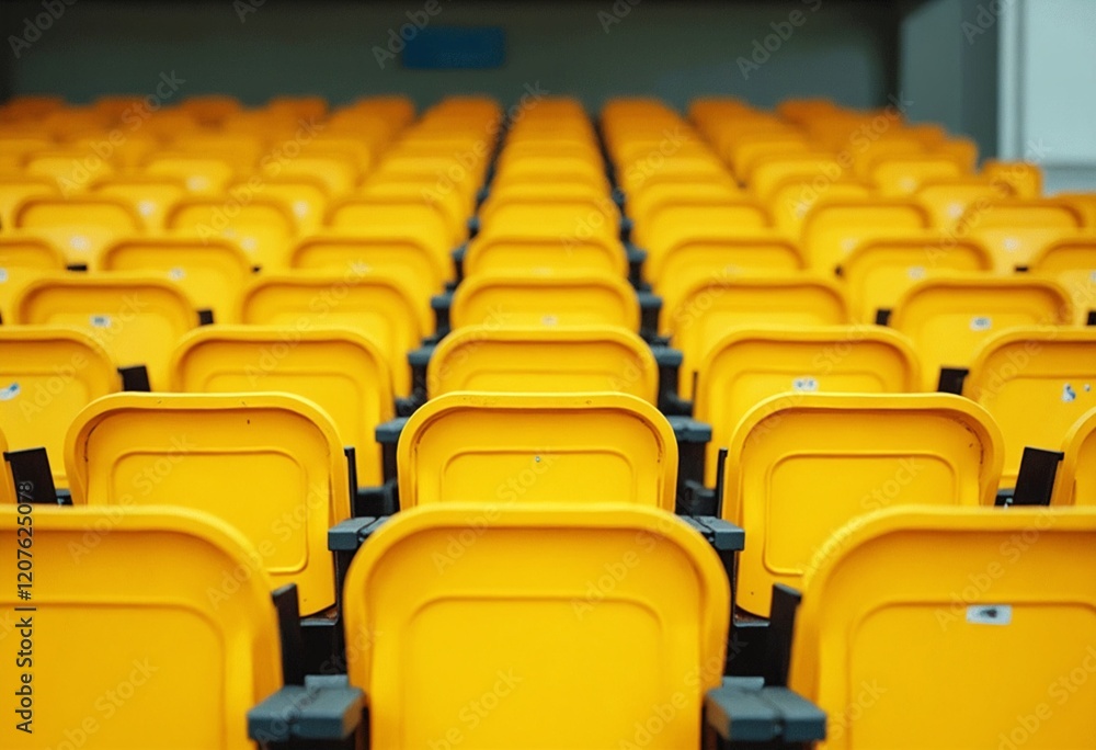 Fototapeta premium Yellow tribunes. seats of tribune on sport stadium. empty outdoor arena. concept of fans. chairs for audience. cultural environment concept. color and symmetry. empty seats. modern stadium