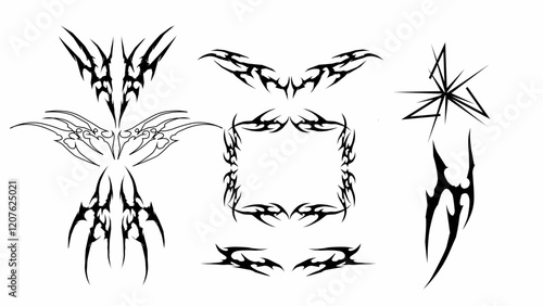 Neo tribal vector set with gothic Y2K border, abstract triangle, tattoo elements. Ideal for metal covers, grunge apparel, stickers, and surreal designs