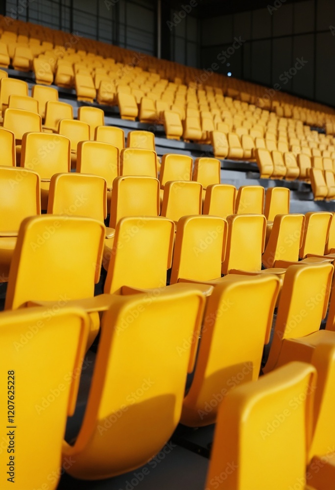 Naklejka premium Yellow tribunes. seats of tribune on sport stadium. empty outdoor arena. concept of fans. chairs for audience. cultural environment concept. color and symmetry. empty seats. modern stadium