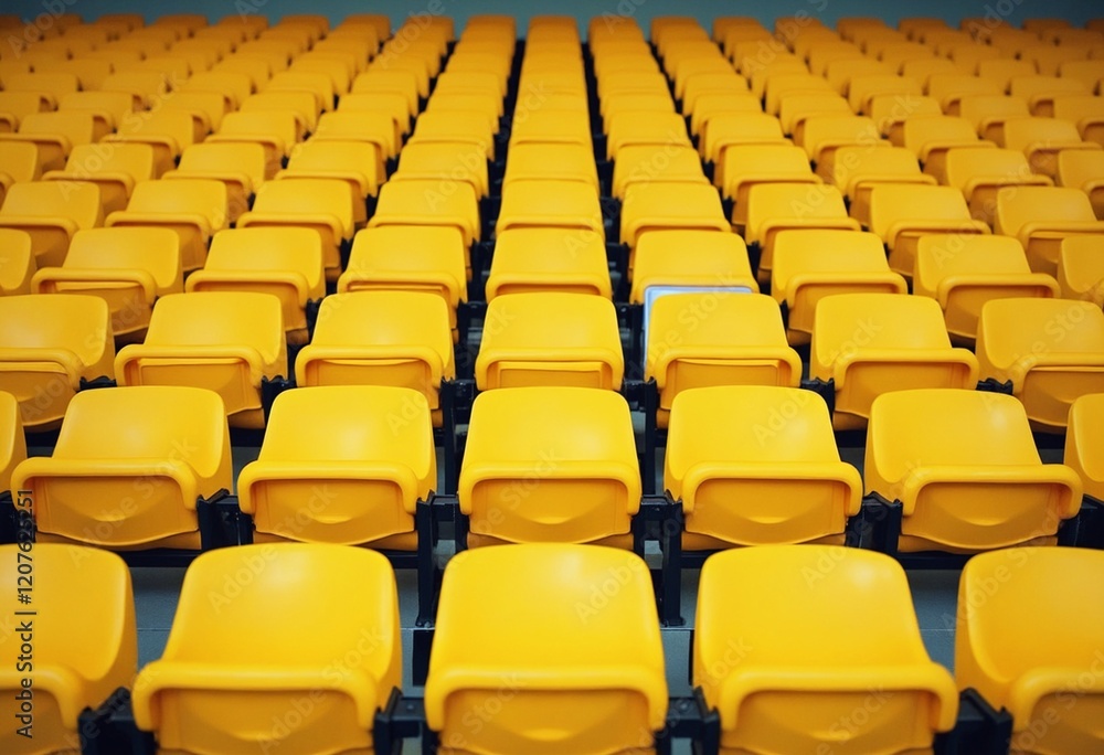 Fototapeta premium Yellow tribunes. seats of tribune on sport stadium. empty outdoor arena. concept of fans. chairs for audience. cultural environment concept. color and symmetry. empty seats. modern stadium