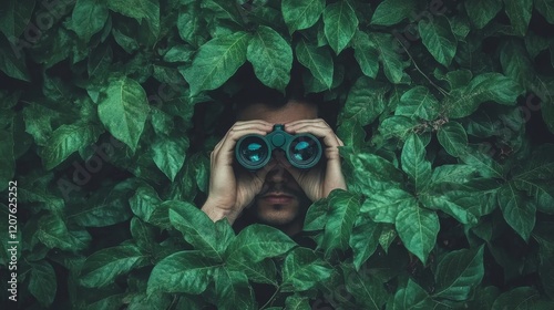 A mysterious person hidden in dense bushes, using binoculars to spy on others from a concealed position. Concept of observation, surveillance, privacy invasion, or outdoor exploration in secrecy