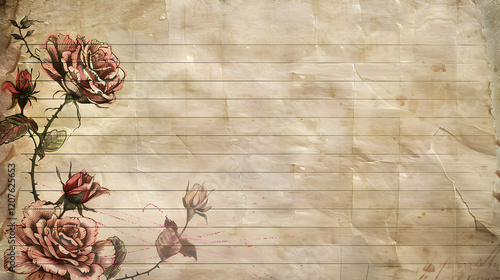 lined paper background with an aged, distressed look, adorned with delicate ink washes and faded sketches of romantic elements like roses or hearts. photo