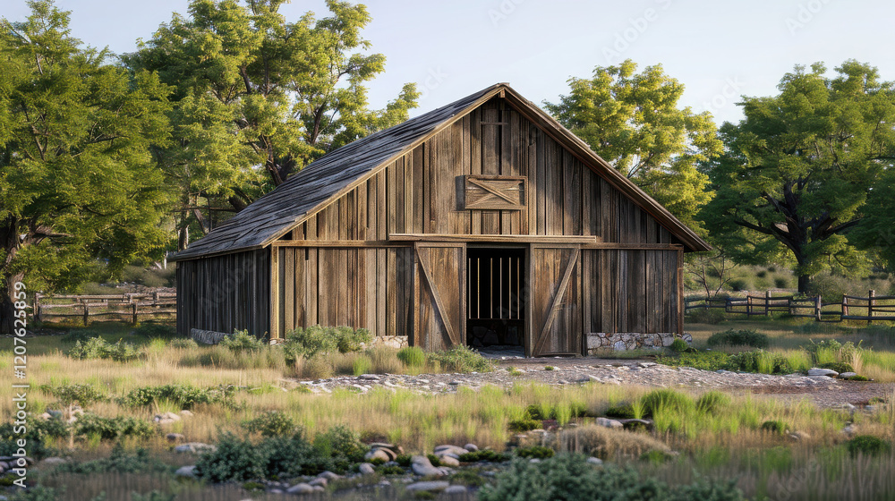 A rustic wooden barn surrounded by lush greenery and a serene landscape. A rustic wooden barn surrounded by lush greenery and a serene landscape.