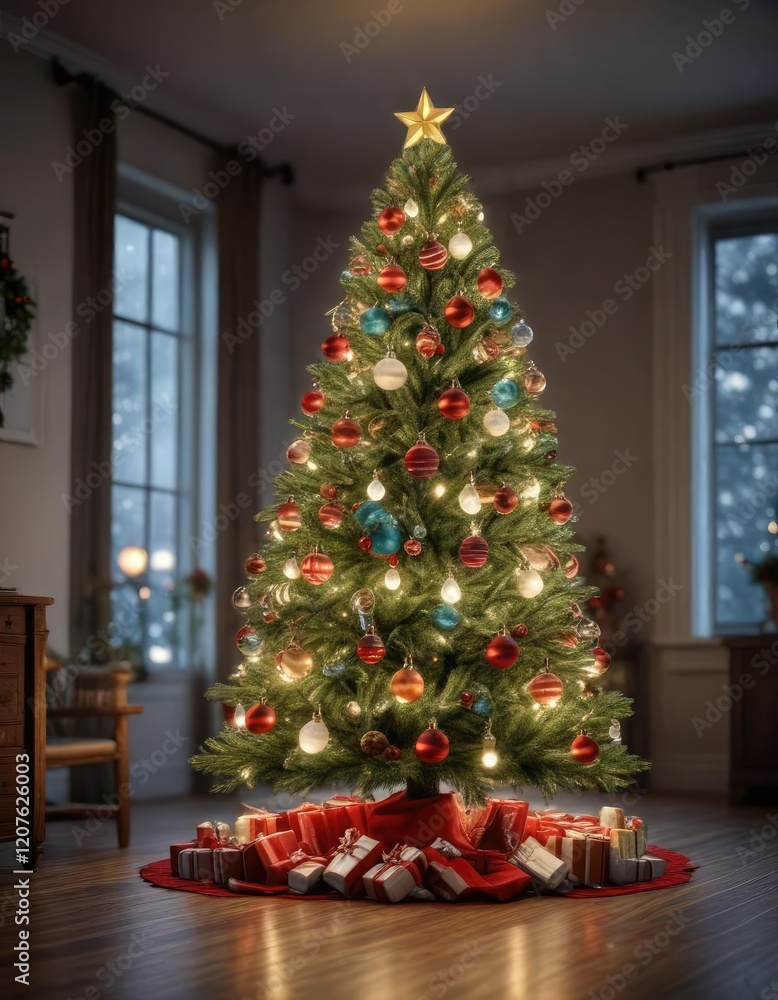 Christmas tree decorated with ornaments and lights, cozy ambiance, holiday lighting, winter wonderland Christmas tree decorated with ornaments and lights, cozy ambiance, holiday lighting, winter wonderland