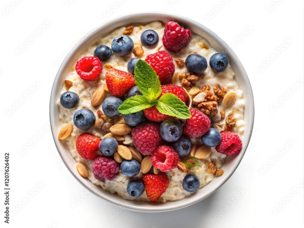 Effortless overnight oats: creamy texture, minimalist white bowl, aerial shot. Effortless overnight oats: creamy texture, minimalist white bowl, aerial shot.