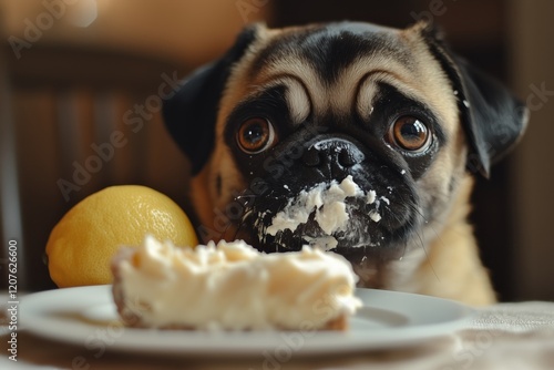 A playful pug sits at a table with frosting smeared all over its snout, a clear indication of its delightful dessert escapade. The pug’s large, expressive eyes gaze eagerly at a slice of cake photo