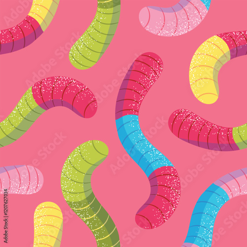 Seamless pattern with colorful gummy worms, covered in sugar powder. Hand drawn vector illustration