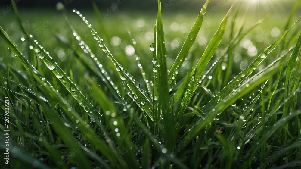 Obraz premium Close-Up of Dewy Green Grass Field – Fresh and Serene Nature Texture