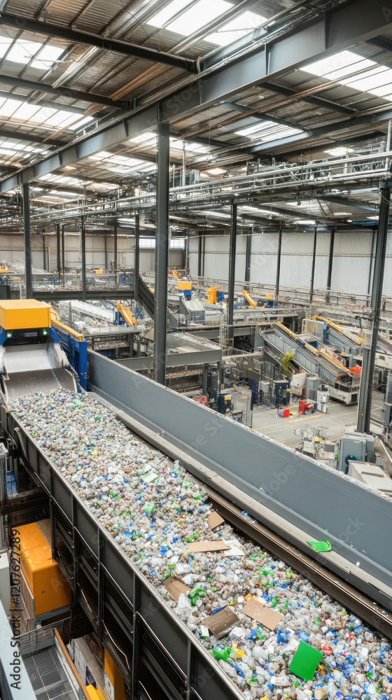 Fototapeta premium Conveyor belt carrying plastic bottles for recycling in a modern waste sorting facility