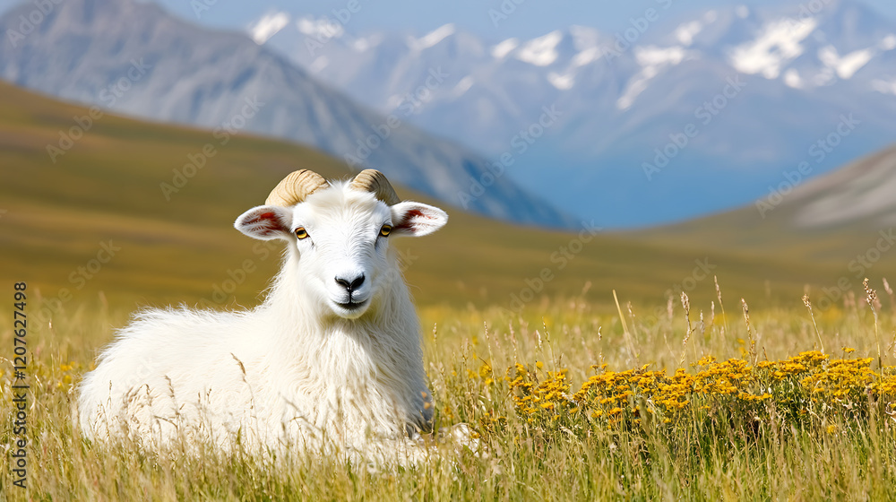Fototapeta premium A serene sheep rests on a grassy landscape, surrounded by wildflowers and distant mountains, embodying tranquility and natural beauty