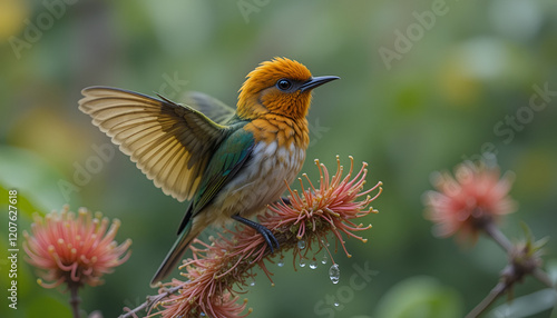 small birds perched on flower stems photo