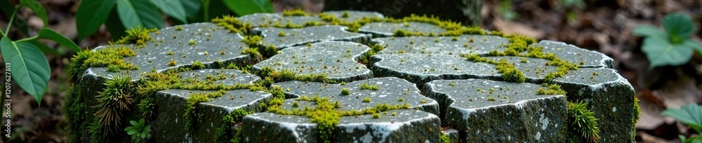 Fissured limestone headstone with moss and lichen, death, moss, lichen Fissured limestone headstone with moss and lichen, death, moss, lichen