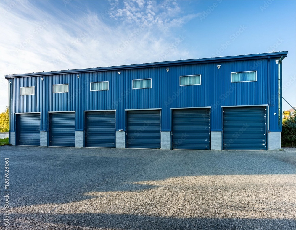 Fototapeta premium a blue metal building with multiple garage doors sits on a paved lot