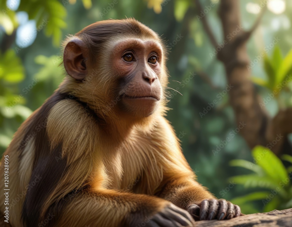 Fototapeta premium Brown Capuchin Monkey interacting with its environment, brown capuchin, nature