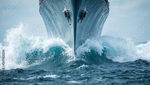 Fototapeta Naklejka Na Ścianę i Meble -  Nautical vessels bow cutting through waves water droplets in motion