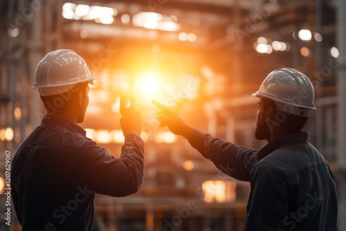 goals with strategy and implementation concept, Two workers in hard hats observe machinery glowing in a factory. photo