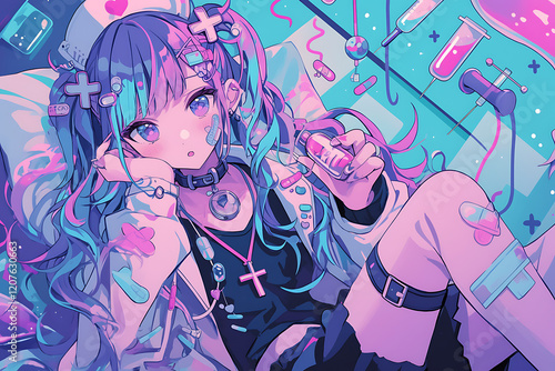 A colorful digital illustration of a girl with blue hair surrounded by medical supplies on a bed