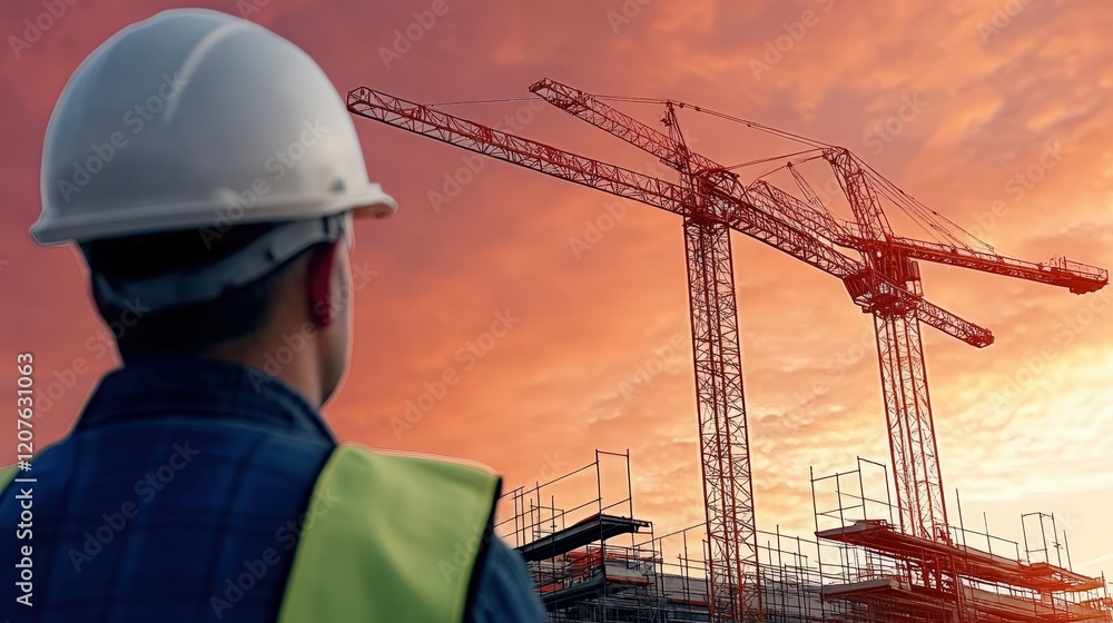 Construction Worker Overlooking Cranes Against Vibrant Sunset Sky Construction Worker Overlooking Cranes Against Vibrant Sunset Sky