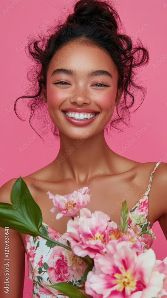 Joyful expression of a woman in a floral dress with flowers on pink background Joyful expression of a woman in a floral dress with flowers on pink background
