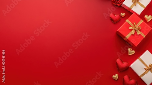 Festive Red Background with Elegant Wrapped Gifts, Decorative Hearts and Roses Perfect for Celebrating Love, Christmas, Birthdays, and Special Occasions in a Vibrant Atmosphere