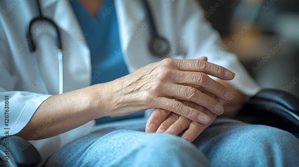 Obraz premium Female doctor gently stroking hand of wheelchair patient, reassuring during diagnosis,