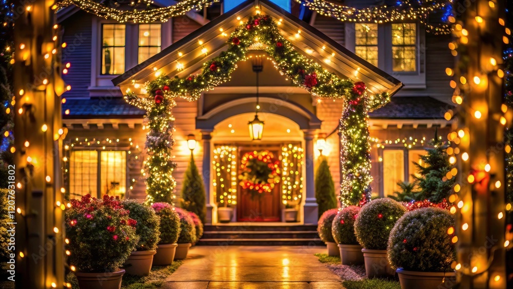 Fototapeta premium Festive lights blur into bokeh, illuminating a house silhouette at night's celebration.