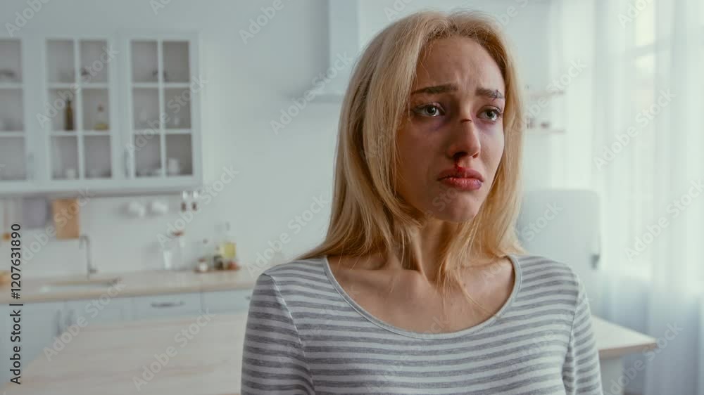 A woman stands in a bright kitchen, visibly distressed and tearful. The atmosphere suggests underlying domestic conflict and emotional turmoil. A woman stands in a bright kitchen, visibly distressed and tearful. The atmosphere suggests underlying domestic conflict and emotional turmoil.